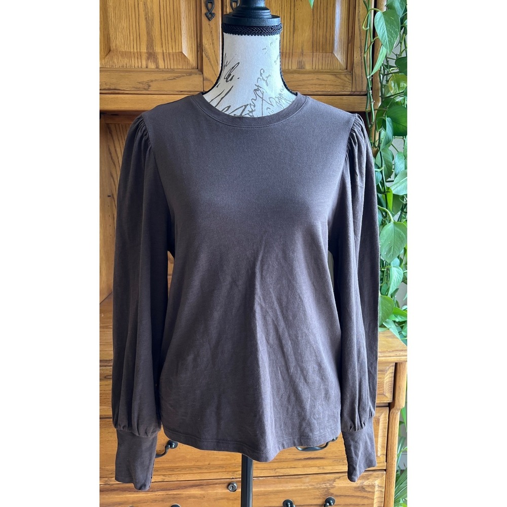 Madewell NWT Womens Smocked Long-Sleeve Top in Soft Slub Pima Cotton Brown Small